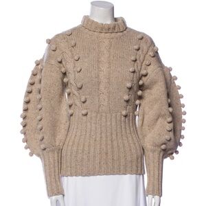 Beige Pom-Pom Cable Knit Sweater